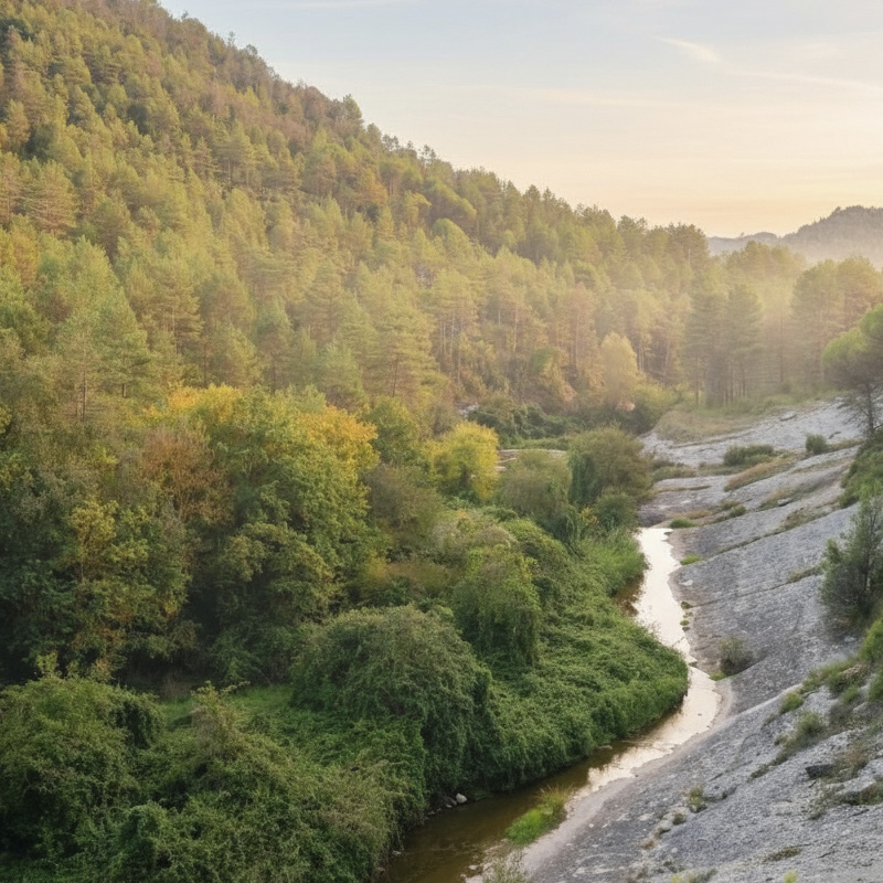 Paisatge del Pla de Grassetes amb un rierol serpentejant i boscos de pins i alzines.